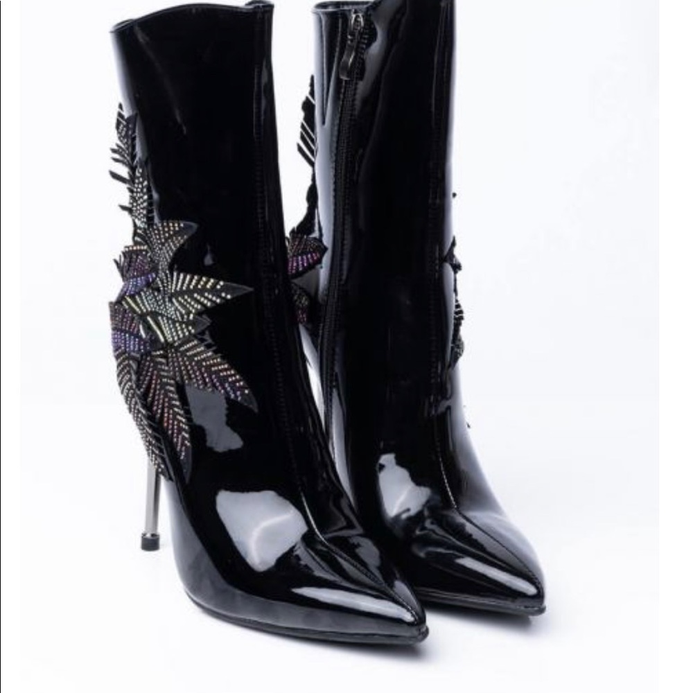NWB AKIRA Black Patent Heeled Boots with Silver and Purple Accents